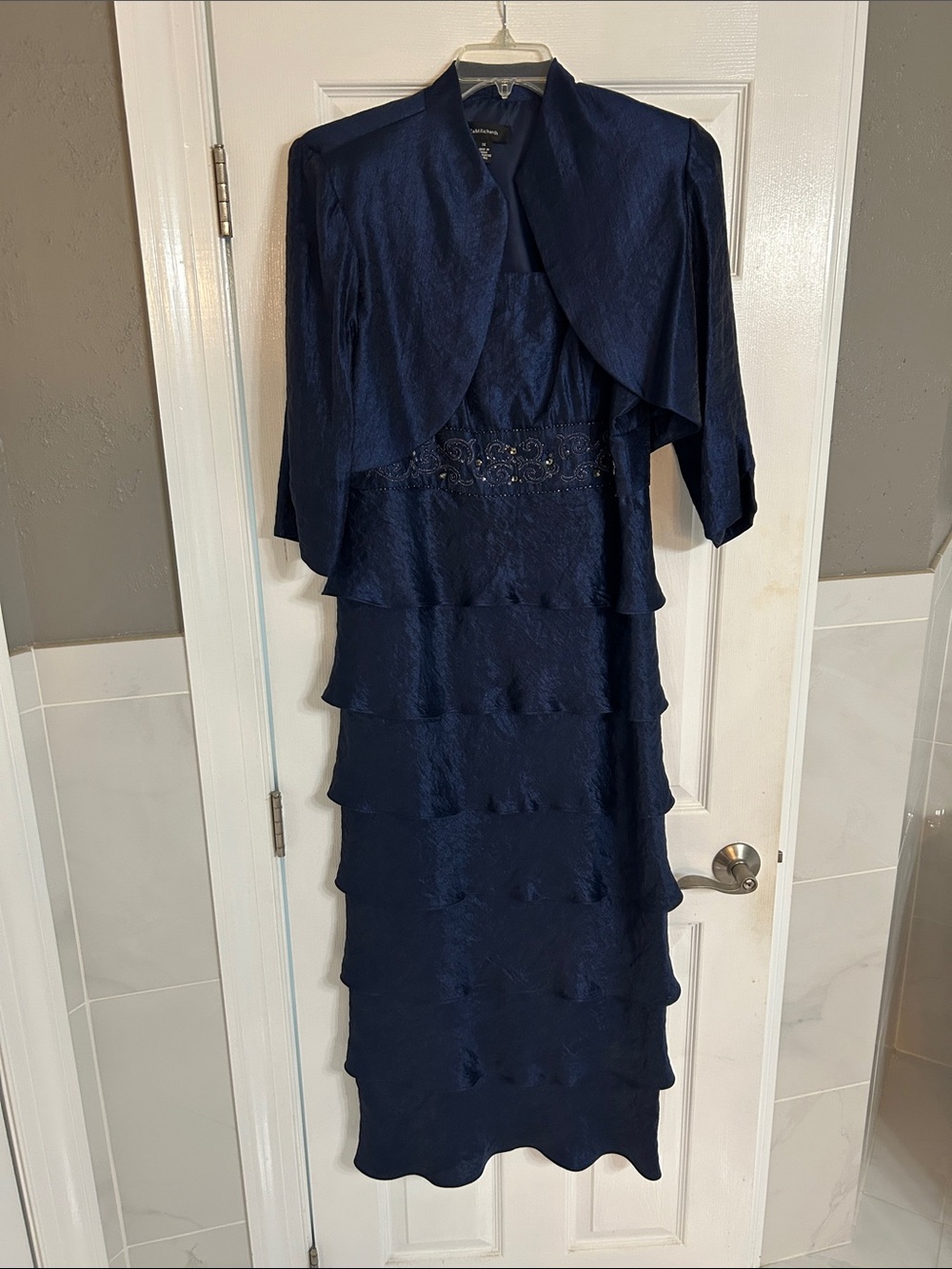 R&M Richards Navy Blue Tiered Floor Length Cocktail Dress with Cropped Jacket